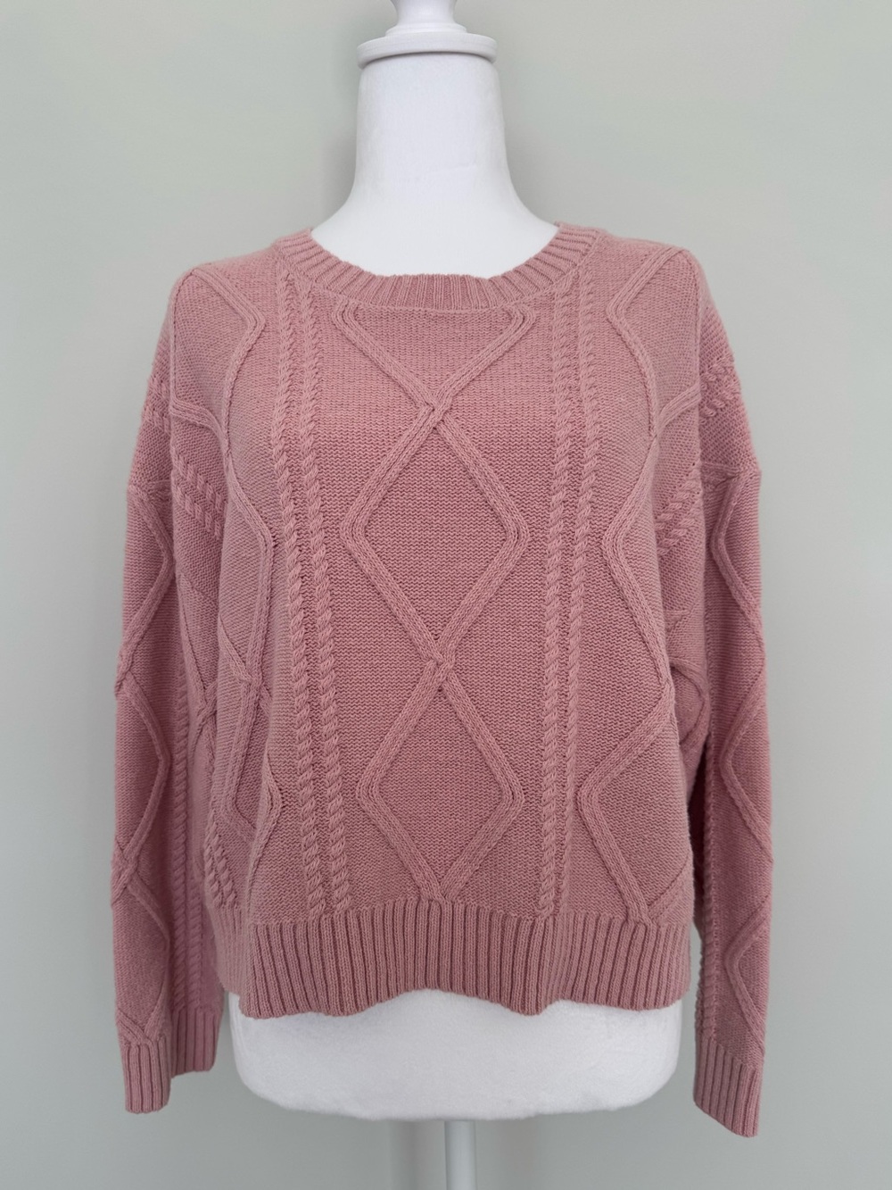 Dusty Pink Cable Knit Cropped Crewneck Sweater Pullover